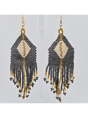 Ink + Alloy Handmade Grey Gold Beaded Fringe Designer Earrings 3.5''